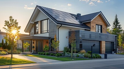 Modern house with solar panels in a suburban neighborhood