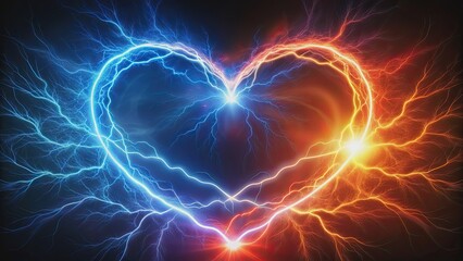 Obraz premium Electricity and love energy merge to create visible flashes of light in the shape of a heart, electricity, love, energy, visible