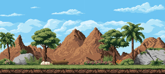 8 bit pixel art prehistoric game landscape with dinosaur eggs in Jurassic park forest, vector background. 8bit game level landscape with palm trees, mountains in valley and dinosaur eggs in nest © Vector Tradition