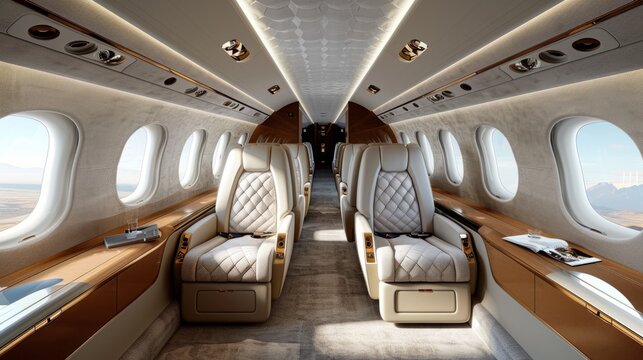 Luxurious interior of a private jet with leather seats