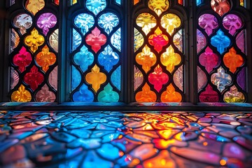  Seamless pattern background of colorful stained glass windows with vibrant color palette 