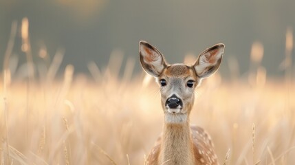 An image of a young deer standing in a sunlit field, captured during the early morning light, showcasing innocence, tranquility, and the soft beauty of a natural landscape.
