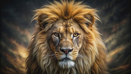 Lion with pure golden fur and angry face, exuding a massive presence, lion, golden, fur, angry, face, massive, fierce, big cat