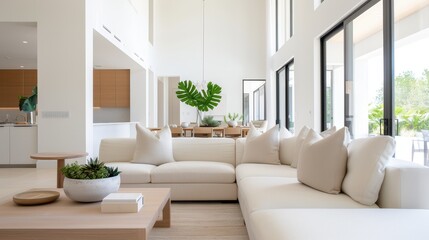 A spacious, modern living room showcasing simplistic, minimalist décor with large windows bringing in natural light, featuring white furniture and green plants.