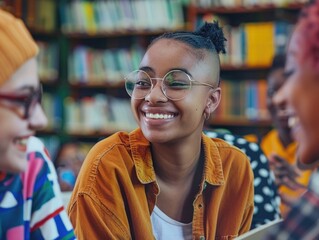 Group study session in a quiet library setting, ideal for academic or educational purposes