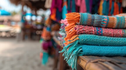 A vibrant display of colorful folded woven scarves at an outdoor market, showcasing intricate designs and craftsmanship, giving a sense of cultural richness.