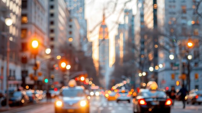 A vibrant, blurry city street scene depicting moving cars and tall skyscrapers at dusk, with a warm orange glow from street lights and the setting sun reflecting on buildings.