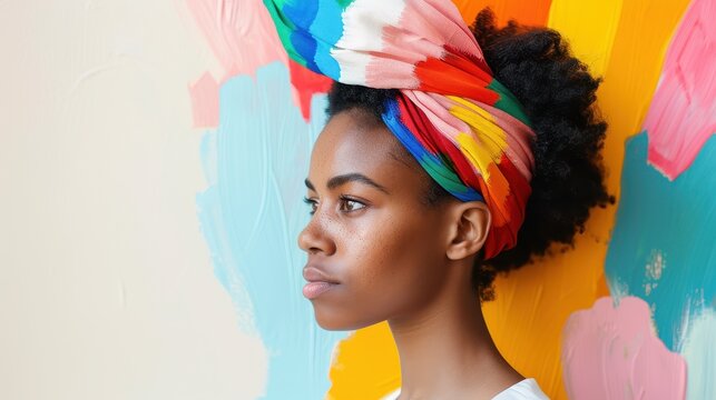 A striking profile of a woman wearing a colorful headscarf, standing against a vibrantly painted wall, emphasizing artistic expression and cultural beauty.
