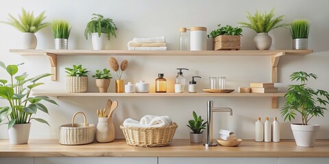 Fototapeta premium Cozy and modern bathroom shelf with natural decor and toiletries in a bright setting, bathroom, shelf, natural decor