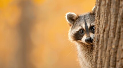 An alert raccoon is caught peeking from behind a tree, its bright eyes and distinctive fur pattern visible against a backdrop of autumn colors and tree bark texture.