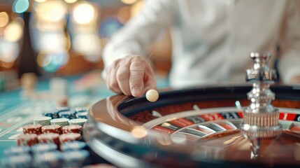A close-up of a hand dropping a ball into a spinning roulette wheel at a casino, capturing the anticipation and excitement of gambling in a vibrant setting.