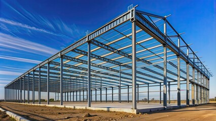 Obraz premium Steel building structure towering under clear blue sky, steel, building, structure, metal, architecture, industrial, construction