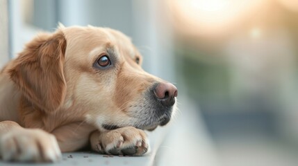 A golden retriever lying down with its head resting on its paws, gazing out a window thoughtfully, conveying a sense of peace and contemplation in a serene setting.