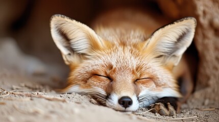 Obraz premium A heartwarming image of a fox sleeping peacefully while curled up in its den, radiating an aura of warmth, comfort, and restfulness, set in a natural and serene environment.