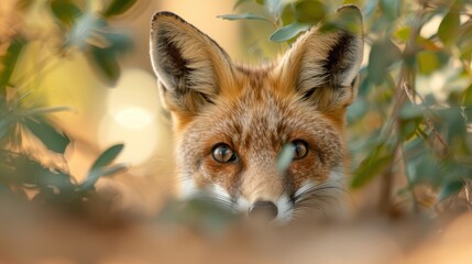 Fototapeta premium The image highlights a fox peeking through dense foliage with alert, wide eyes, giving a sense of curiosity and awareness amidst its natural habitat, creating a beautiful serene scene.