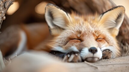 Fototapeta premium The image captures a serene moment of a fox peacefully sleeping under a log, with ears perked and eyes closed, surrounded by a soft-focus natural background.