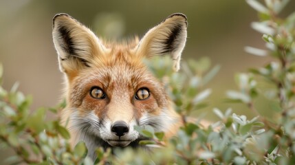 Fototapeta premium The image features a fox blending harmoniously with the surrounding foliage, its vivid alert eyes highlighting a sense of curiosity and seamless integration into its natural habitat.