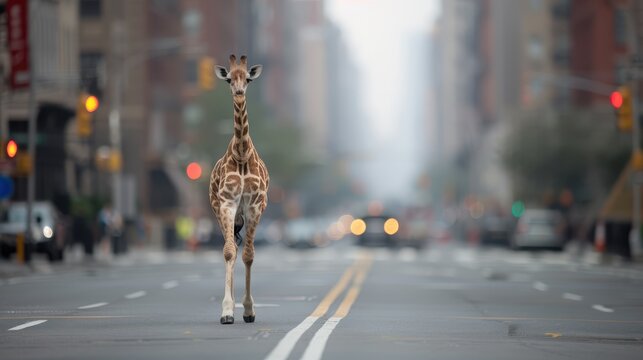 A giraffe is captured freely walking down a large city’s empty street, creating a surreal visual of wildlife seamlessly blending into a bustling urban landscape.