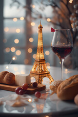 Illuminated miniature Eiffel Tower along with a French wine and bread on a rustic wooden table