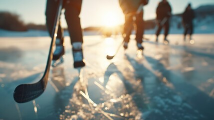 An intense outdoor ice hockey game is being played on a rink during sunset, capturing the energy and excitement of the players as they maneuver on the ice.