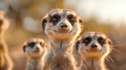 A charming image showing four meerkats standing and looking curiously around in the middle of the desert at sunset, embodying the essence of exploration and watchfulness.