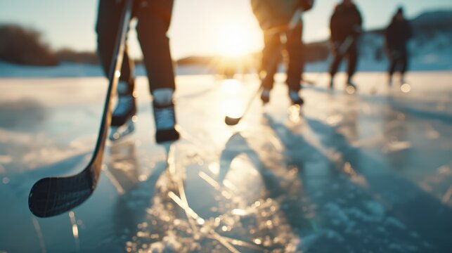 An intense outdoor ice hockey game is being played on a rink during sunset, capturing the energy and excitement of the players as they maneuver on the ice.