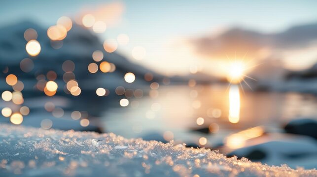 Golden sunset over a snow-covered landscape with sparkling bokeh lights in the foreground, creating a magical and serene winter evening ambiance.