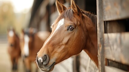 Fototapeta premium A horse peers out of the stable, showcasing its serene and gentle expression, while others remain in the background, providing a peaceful countryside vibe.
