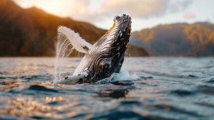 Obraz premium A majestic whale breaches the ocean water against the backdrop of breathtaking mountains at sunrise, capturing a moment of serene beauty and raw natural power.