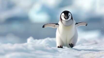Fototapeta premium A delightful image of an adorable baby penguin waddling across the icy terrain of Antarctica, capturing the purity, innocence, and wonder of wildlife in a pristine environment.