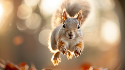 Fototapeta premium A nimble squirrel is captured mid-jump against a soft, bokeh-filled background, highlighting its grace and agility in a wonderful display of natural woodland behavior.