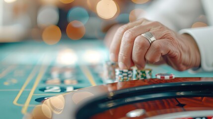 A close-up view of a person’s hand with a ring, strategically placing poker chips on a casino table, suggesting a moment of high stakes and intense focus.