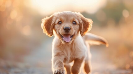 A lively and energetic puppy is captured in motion running outdoors in a natural setting, enhanced by the warm, golden light of a sunrise or sunset in the background.