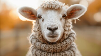 A charming sheep donning a cozy knitted scarf stands against an autumn backdrop, capturing a whimsical and heartwarming moment that blends nature and handmade craft elements.
