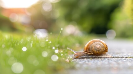 A close-up view of a snail crawling on a green path in bright daylight, highlighting the intricate details of its shell and the natural beauty of its slow-paced journey.