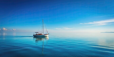 Obraz premium Boat sailing on the calm sea with clear blue sky in the background, boat, sea, ocean, water, waves, nautical, travel