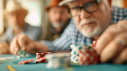 Fototapeta premium Several poker players in action handling stacks of poker chips at a green casino table, focused intently on the game with colorful chips stacking up in the foreground.