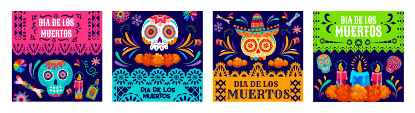 Day of the dead Mexican holiday papel picado paper cut banners. Dia de los muertos dead sugar calavera skull, candles and marigold flowers. Vector square greeting cards with calaca heads and blossoms