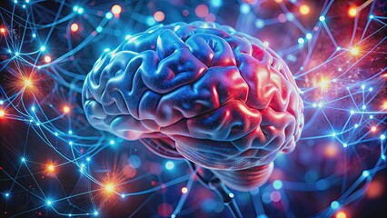 A detailed image of a brain surrounded by glowing red and blue lights, brain, neuroscience, intelligence