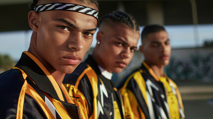 Obraz premium close-up portrait of three break dancers posing with a defiant attitude, dressed in the trendiest street fashion, attitude