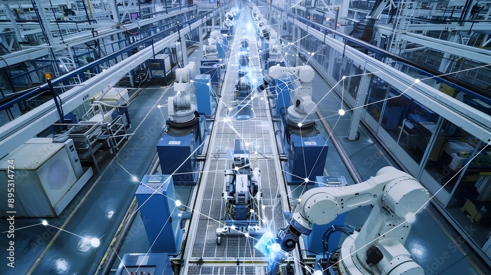 Poster automated smart factory with connected robotic machinery and workflow processes