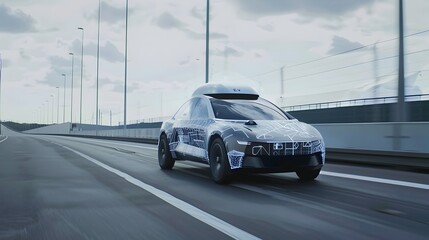 Obraz premium Autonomous Electric Vehicle Navigating Futuristic Urban Expressway
