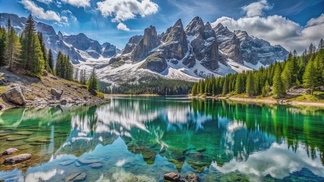 Crystal-clear alpine lake surrounded by snow-capped mountains in the Italian Dolomites, Lago di Braies, Pragser Wildsee