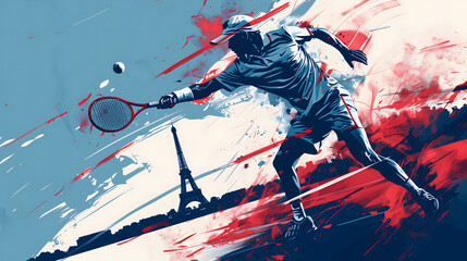 Stylized illustration of an Olympic tennis player in action at Paris 2024 with the Eiffel Tower in the background