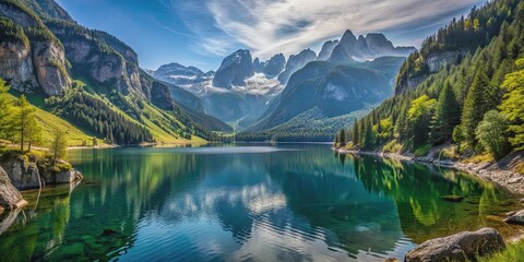 Scenic view of Lake Gosausee with the majestic Dachstein mountain in the background, Austria, Salzkammergut, Dachstein