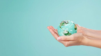 a hand holding an icon related to climate change and global warming, climate change and global warming awareness, space for copy text
