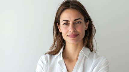 Fototapeta premium Confident businesswoman with crossed arms in white shirt standing against white background