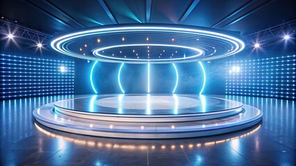 Futuristic circular stage with neon lights on dark background, illuminated floor and walls, futuristic