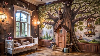 Obraz premium Enchanted nursery with whimsical treehouse mural , Treehouse, enchanted, nursery, magical, fantasy, fairytale, mural, tree
