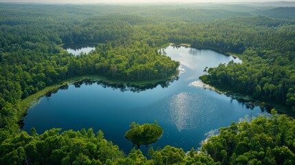 Aerial view of a serene lake surrounded by forest